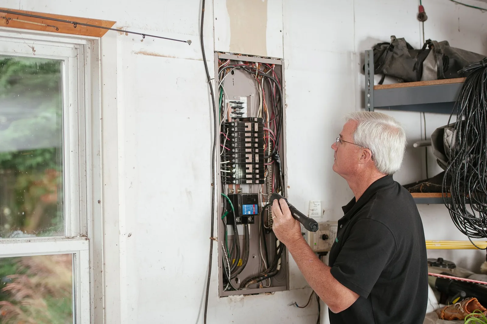 Licensed electrician checking a home breaker panel
