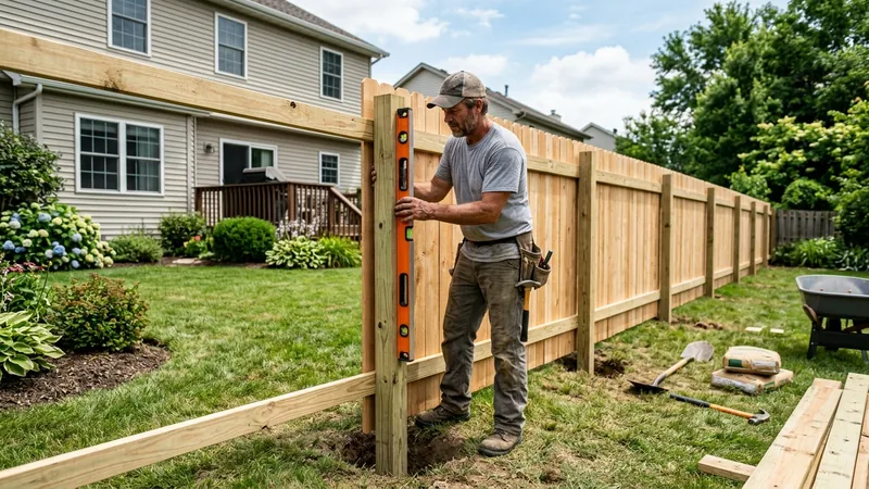 Fence contractor installing a wooden privacy fence