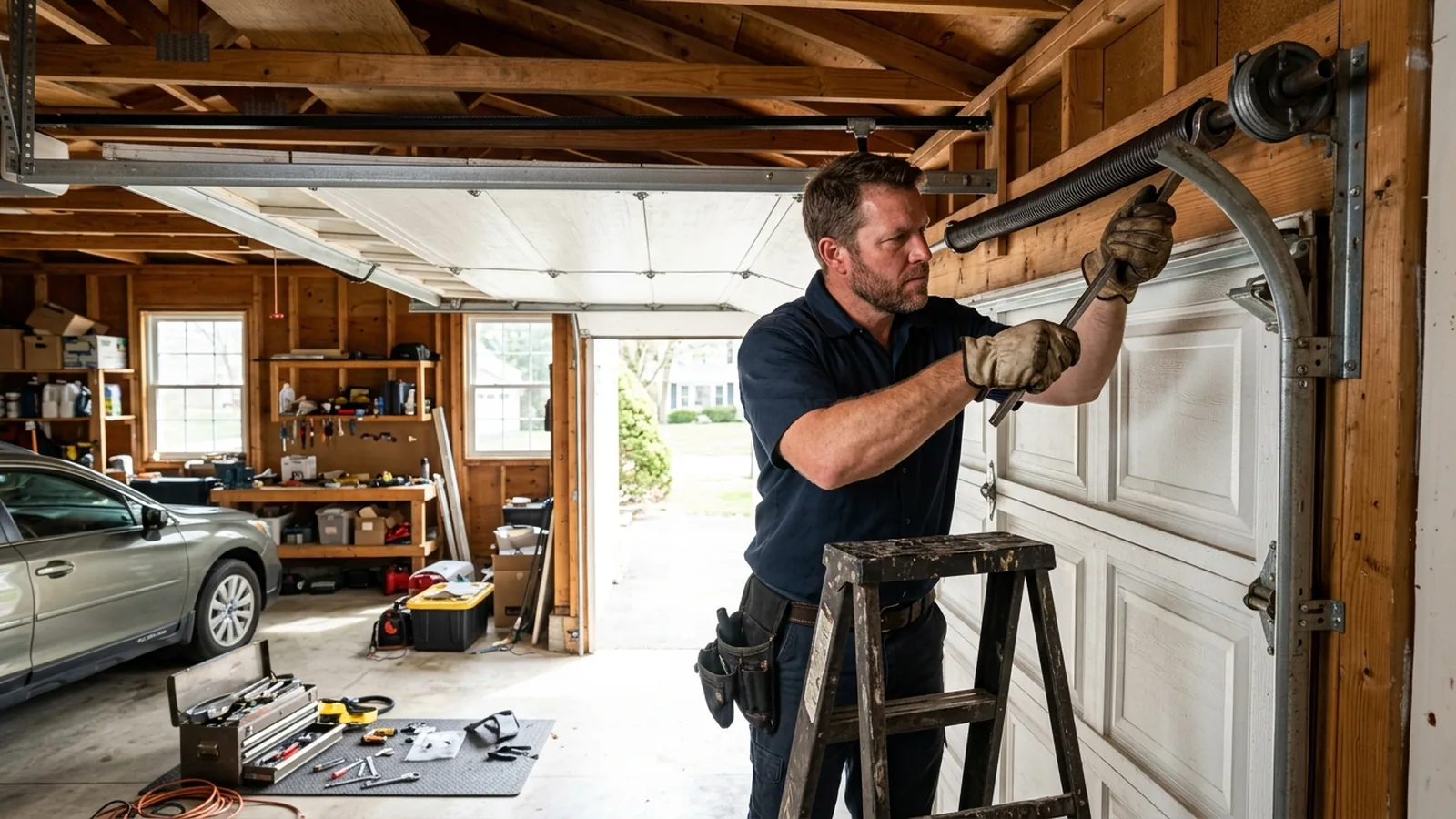 Technician repairing the spring and rollers of a garage door
