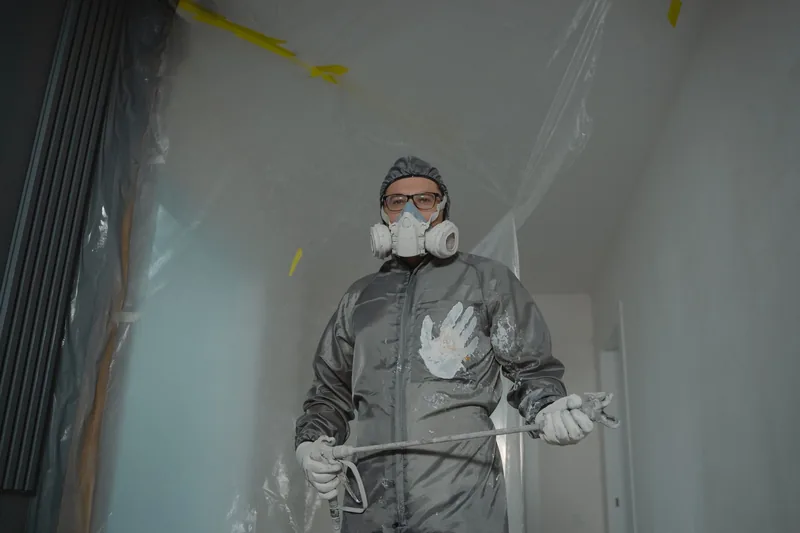Painter in protective gear spraying a room