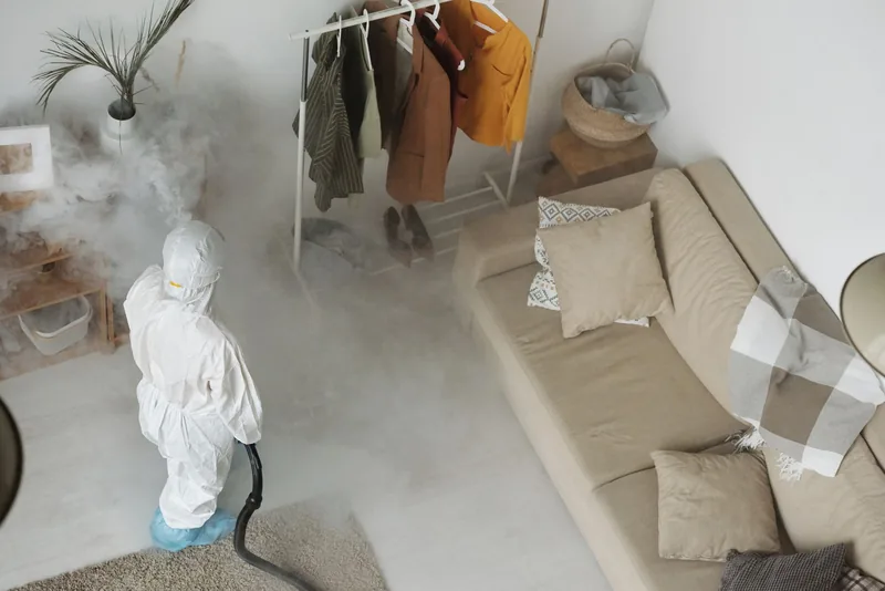 Técnico de control de plagas con traje de protección tratando una sala