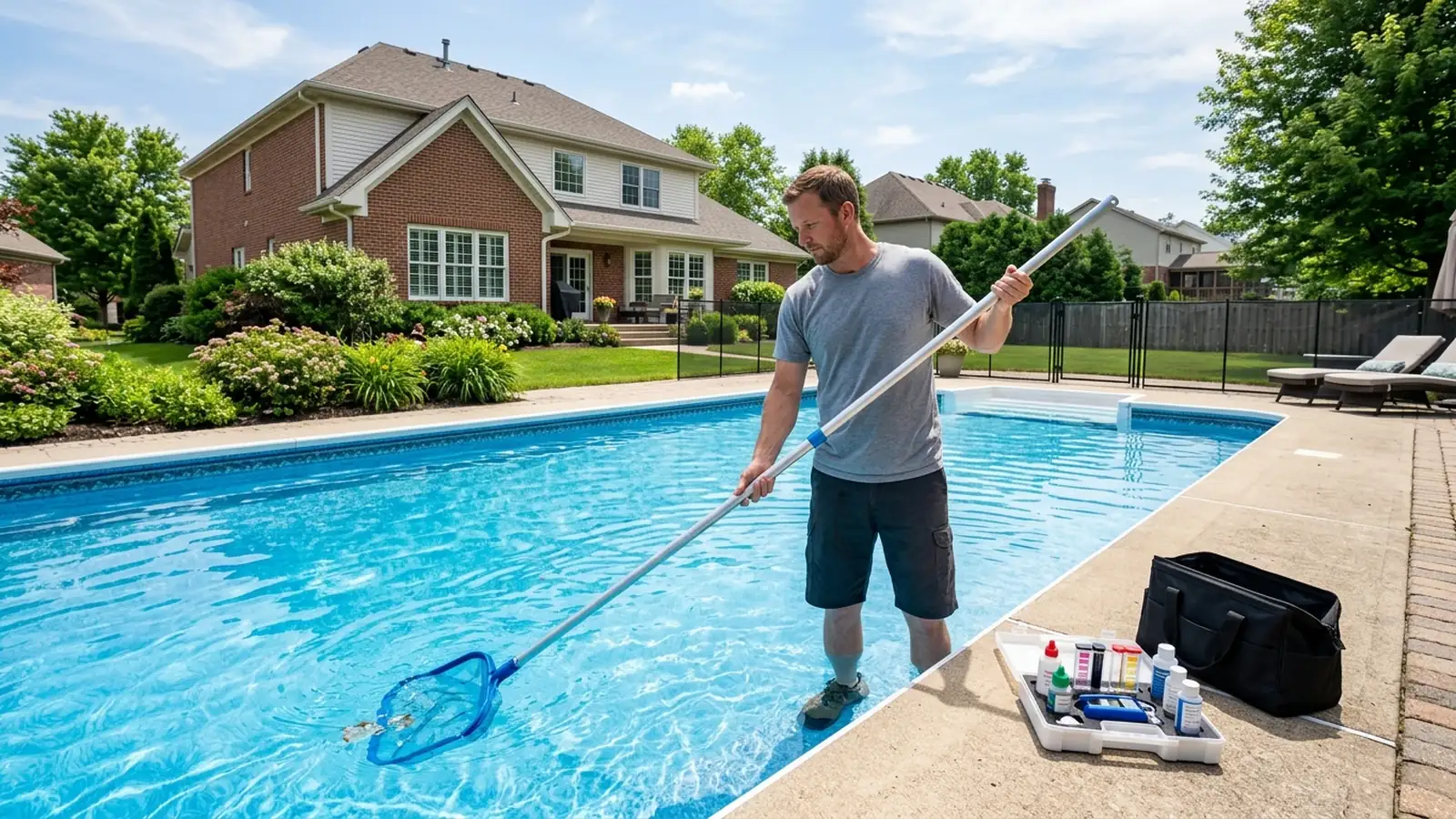 Pool technician skimming a backyard swimming pool