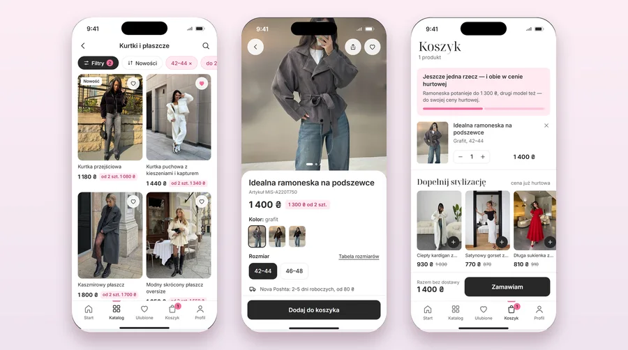 Concept screens for a mobile clothing store app: catalog, product page, cart