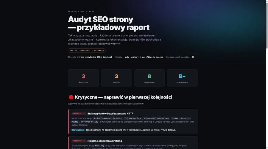 SEO audit report panel