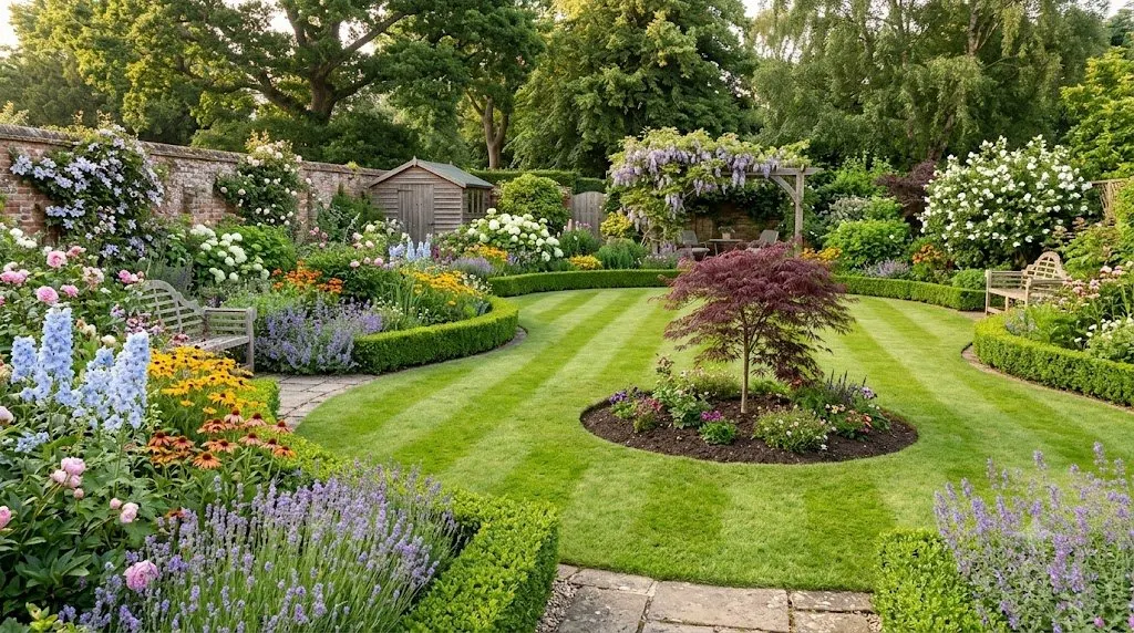 Garden with even lawn and flower beds